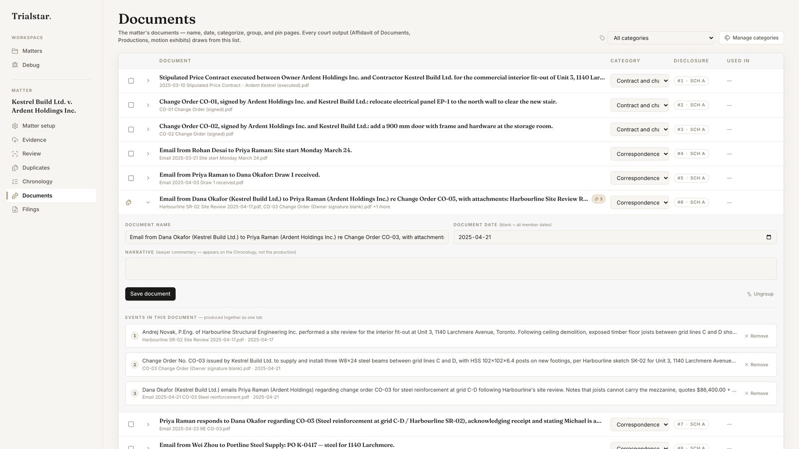 Trialstar documents library with one document open: an email grouped with its site review and change order attachments, three events produced together as one tab
