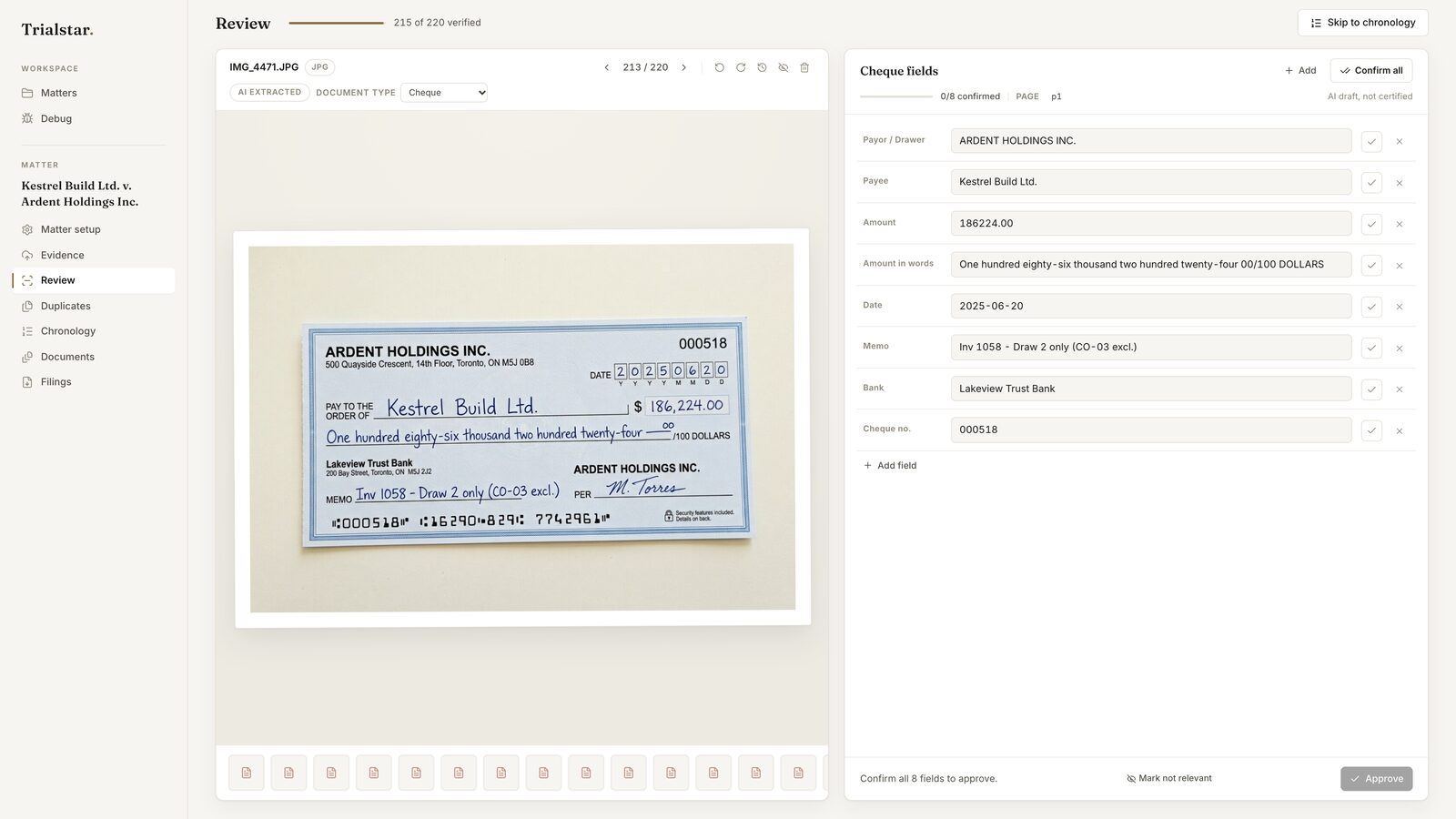 Trialstar review screen: a photographed cheque beside its extracted payor, payee, amount, date, and memo, each waiting to be confirmed